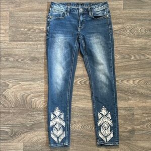 Miss Me Jeans SZ 27 Ankle Skinny Crop Denim White Stitch Lace Dark Wash Stretch